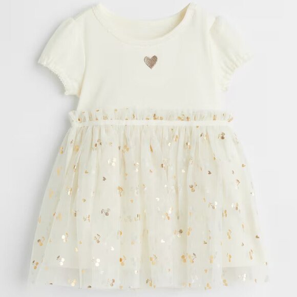 H&M Tulle-skirt Jersey Short Cap Sleeve Dress Cream White Print Cotton 18 M - Picture 1 of 7